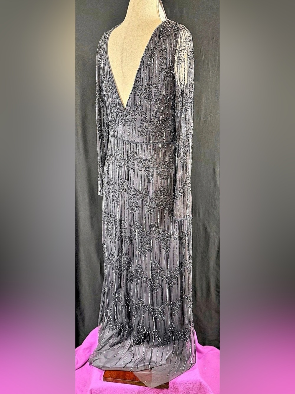 Adrianna Papell Platinum Gown Style House Of Wu 16 Beaded Maxi Black Black Tie - Picture 4 of 16